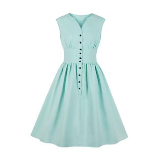 Vintage Rockabilly V Neck Front Button Sleeveless High Waist Cocktail Party Swing Dress N19107