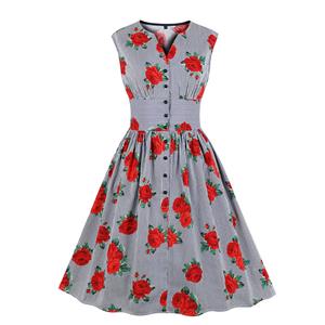 Vintage Rockabilly Rose and Pinstripe V Neck Front Button Sleeveless High Waist Swing Dress N19158