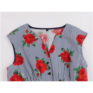 Vintage Rockabilly Rose and Pinstripe V Neck Front Button Sleeveless High Waist Swing Dress N19158