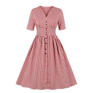 Vintage Rockabilly Red Check Front Button Short Sleeve High Waist Cocktail Party Swing Dress N19197