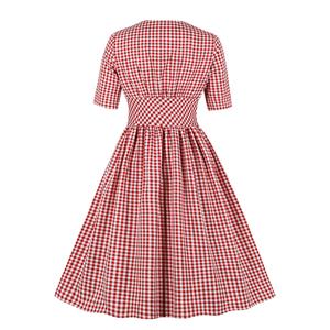 Vintage Rockabilly Red Check Front Button Short Sleeve High Waist Cocktail Party Swing Dress N19197