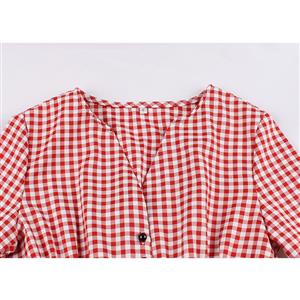 Vintage Rockabilly Red Check Front Button Short Sleeve High Waist Cocktail Party Swing Dress N19197