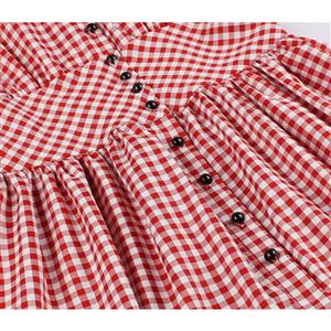 Vintage Rockabilly Red Check Front Button Short Sleeve High Waist Cocktail Party Swing Dress N19197