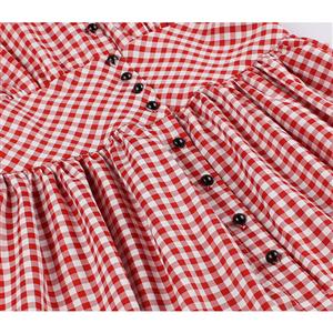 Vintage Rockabilly Red Check Front Button Short Sleeve High Waist Cocktail Party Swing Dress N19197