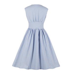 Vintage Rockabilly Blue Checkered Front Button High Waist Cocktail Party Swing Dress N19401