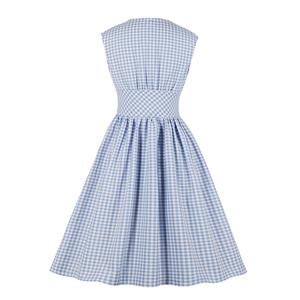 Vintage Rockabilly Blue Checkered Front Button High Waist Cocktail Party Swing Dress N19401