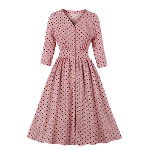 Vintage Rockabilly Polka Dots Half Sleeve Front Button High Waist Cocktail Party Swing Dress N19947