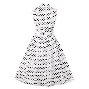 Vintage Rockabilly Polka Dots Lapel Sleeveless Front Button High Waist Cocktail Swing Dress N21484