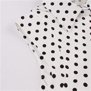 Vintage Rockabilly Polka Dots Lapel Sleeveless Front Button High Waist Cocktail Swing Dress N21484