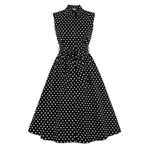 Vintage Rockabilly Polka Dots Lapel Sleeveless Front Button High Waist Cocktail Swing Dress N21485