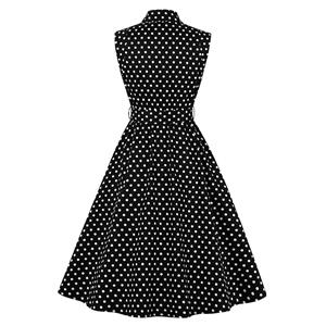 Vintage Rockabilly Polka Dots Lapel Sleeveless Front Button High Waist Cocktail Swing Dress N21485