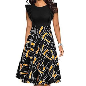 Vintage Geometric Pattern Round Neck Flying Sleeves High Waist Cocktail Party Midi Dress N21379