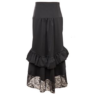 Vintage Gothic Black High Waist Button Lace Trim Ruffled High-low Skirt N17138