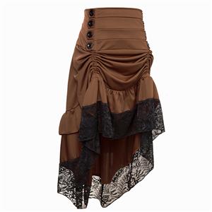 Vintage Gothic Brown High Waist Button Lace Trim Ruffled High-low Skirt N18636