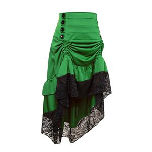 Vintage Gothic Green High Waist Button Lace Trim Ruffled High-low Skirt N22486