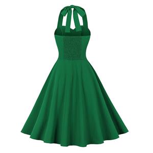 Vintage Green Hanging Neck Sleeveless Casual Cocktail Big Swing Dress N22746