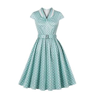 Vintage style, Green with white polka dots, Short sleeves, V-neckline, White lace trim, Chest bow accent, Cinched waist belt, A-line skirt, Lightweight fabric, Comfortable fit #N23827