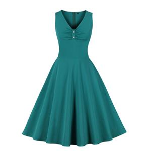 Vintage Green V Neck Sleeveless High Waist Wrinkle Summer Party Midi Dress N23031