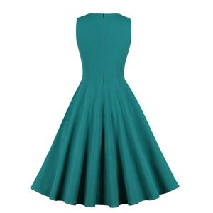 Vintage Green V Neck Sleeveless High Waist Wrinkle Summer Party Midi Dress N23031