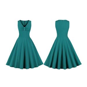 Vintage Green V Neck Sleeveless High Waist Wrinkle Summer Party Midi Dress N23031