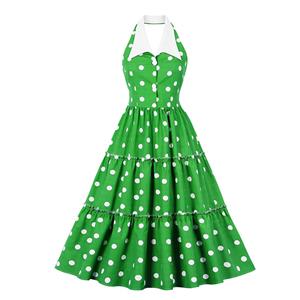 Vintage Green Hanging Neck V Neck Backless High Waist Summer Cocktail Party A-line Dress N22743