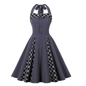 Vintage Grey Hanging Neck Sleeveless Casual Cocktail Big Swing Dress N22747