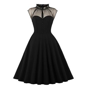 Vintage Black Mesh Patchwork Half-high Neck Flying Sleeve High Waist Swing Dress N23026