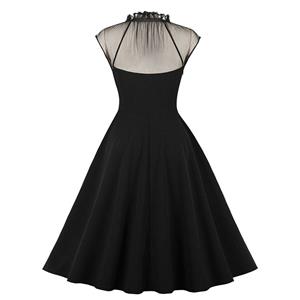 Vintage Black Mesh Patchwork Half-high Neck Flying Sleeve High Waist Swing Dress N23026