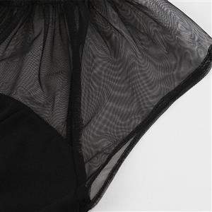 Vintage Black Mesh Patchwork Half-high Neck Flying Sleeve High Waist Swing Dress N23026