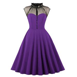 Vintage Purple Mesh Patchwork Half-high Neck Flying Sleeve High Waist Swing Dress N23027