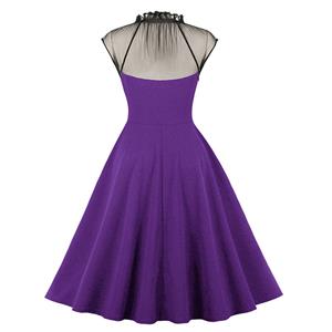 Vintage Purple Mesh Patchwork Half-high Neck Flying Sleeve High Waist Swing Dress N23027