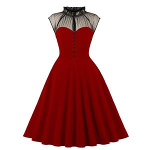 Vintage Wine-red Mesh Patchwork Half-high Neck Flying Sleeve High Waist Swing Dress N23028