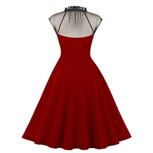Vintage Wine-red Mesh Patchwork Half-high Neck Flying Sleeve High Waist Swing Dress N23028