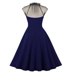 Vintage Dark-blue Mesh Patchwork Half-high Neck Flying Sleeve High Waist Swing Dress N23029