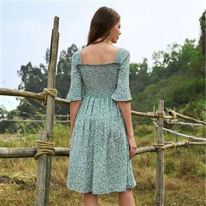 Vintage Light-green Floral Print Square Collar Half Sleeve High Waist Summer A-line Dress N20580