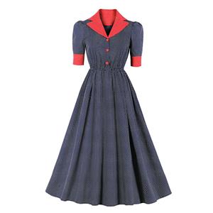 Vintage Hepburn Polka Dots Suit Collar Half Sleeve Elastic Waist Party Big Swing Dress N20832