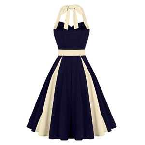Vintage 1950s Halter Navy & Cream Color-Block Swing Dress  N23939