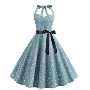 Vintage Halter Neck Sweetheart Bodice Polka Dots Print Backless Summer Swing Dress N20311