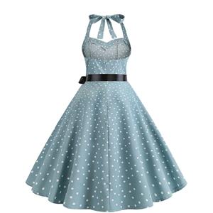 Vintage Halter Neck Sweetheart Bodice Polka Dots Print Backless Summer Swing Dress N20311