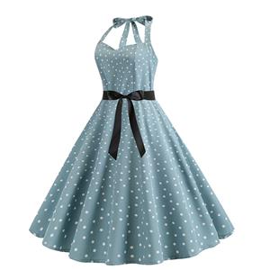 Vintage Halter Neck Sweetheart Bodice Polka Dots Print Backless Summer Swing Dress N20311