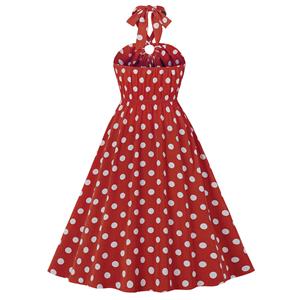 Vintage Sweetheart Neck Halter Backless Polka Dots Knee-length Summer Day Swing Dress N21751