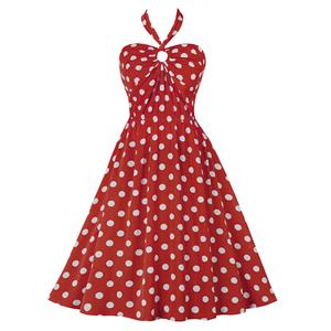 Vintage Sweetheart Neck Halter Backless Polka Dots Knee-length Summer Day Swing Dress N21751