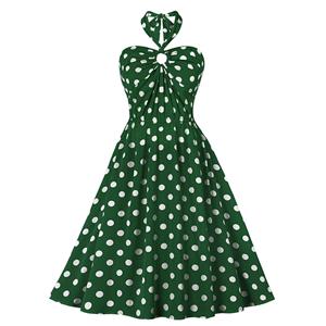 Vintage Sweetheart Neck Halter Backless Polka Dots Knee-length Summer Day Swing Dress N21752