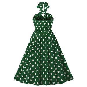 Vintage Sweetheart Neck Halter Backless Polka Dots Knee-length Summer Day Swing Dress N21752