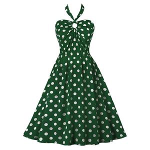 Vintage Sweetheart Neck Halter Backless Polka Dots Knee-length Summer Day Swing Dress N21752