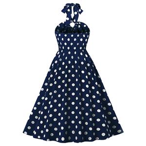 Vintage Sweetheart Neck Halter Backless Polka Dots Knee-length Summer Day Swing Dress N21753
