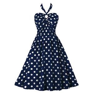 Vintage Sweetheart Neck Halter Backless Polka Dots Knee-length Summer Day Swing Dress N21753