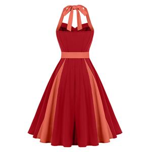 Vintage 1950s Halter Red & Coral Color-Block Swing Dress  N23940