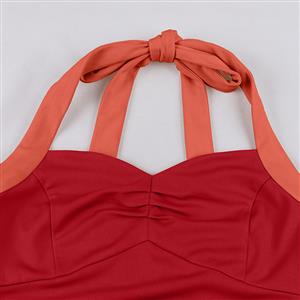 Vintage 1950s Halter Red & Coral Color-Block Swing Dress  N23940