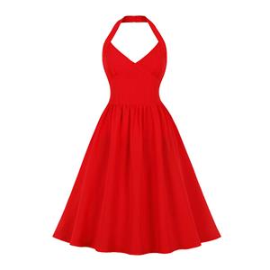 Vintage Red Halter V Neckline Backless High Waist Summer Cocktail Party A-line Dress N22199